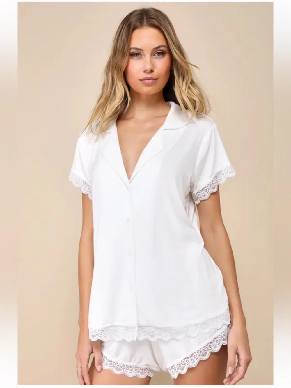 NWT Lulus Snuggly Love Ivory Short Sleeve Lace Two-Piece Pajama Set